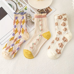 3 Pairs Floral Print Socks Mid Tube Women's Stockings