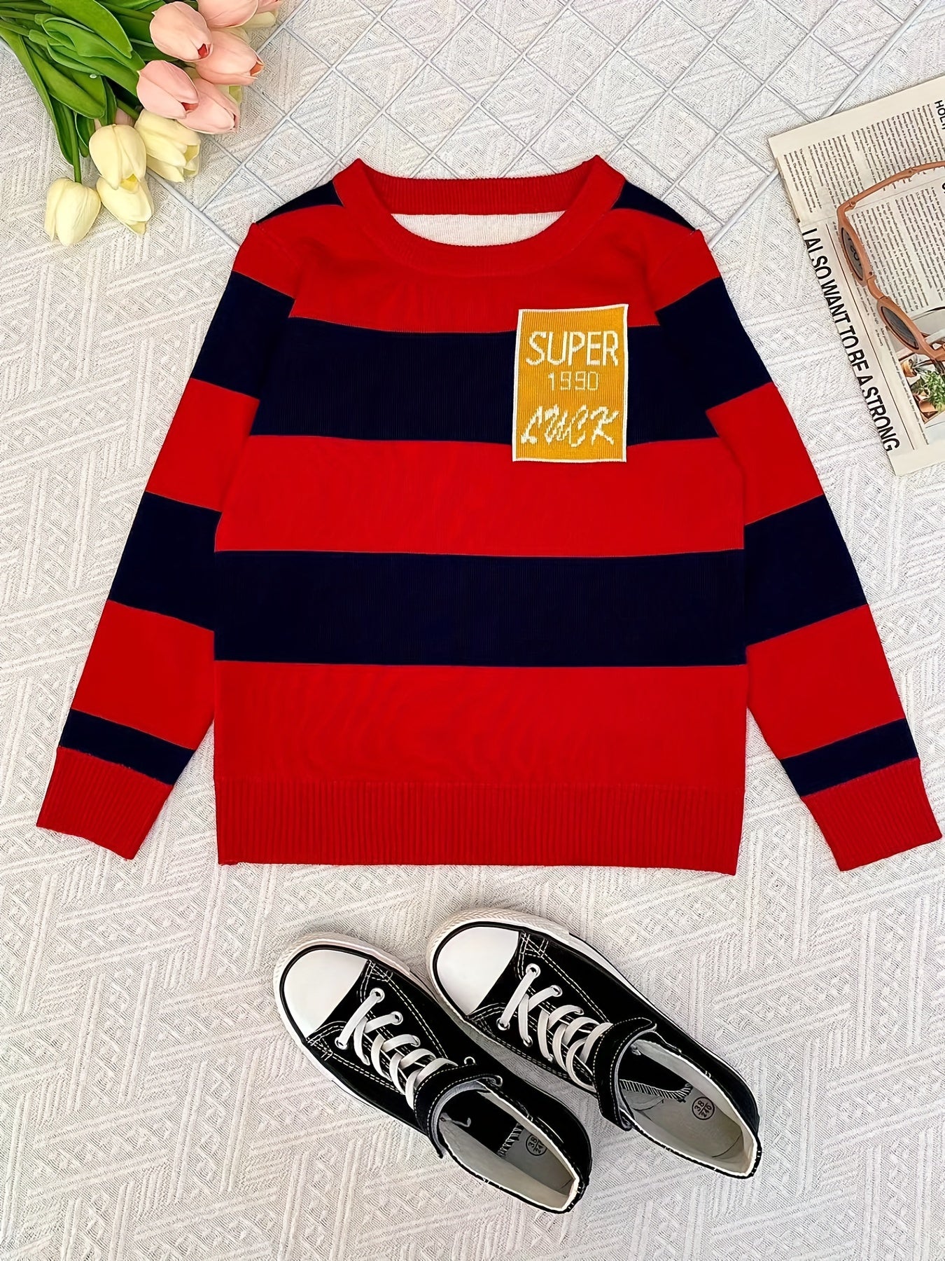 Boys Casual Striped Sweater Round Neck Long Sleeve Warm Knit Pullover Top