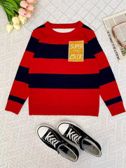Boys Casual Striped Sweater Round Neck Long Sleeve Warm Knit Pullover Top