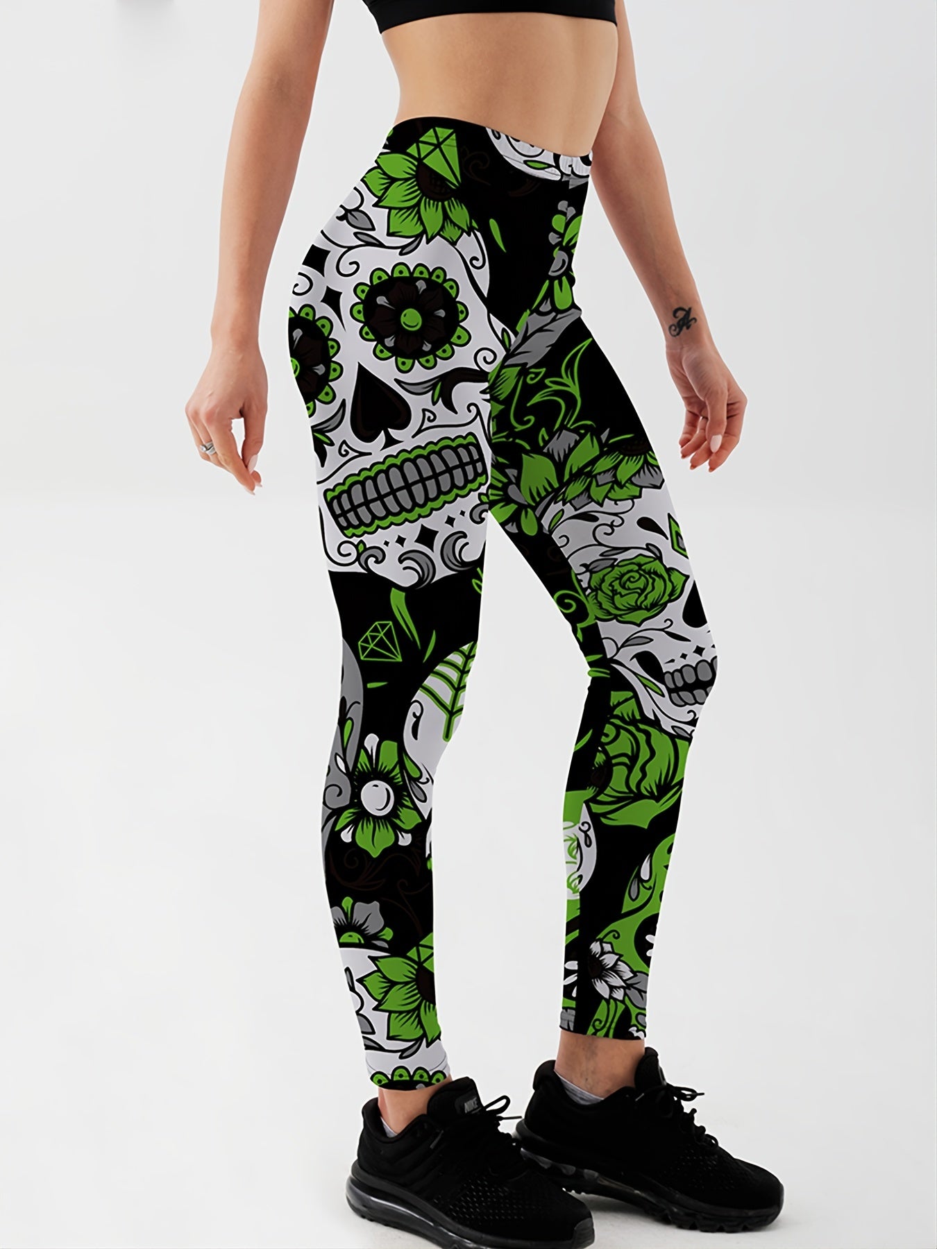 Flower & Skull Print Yoga Leggings Halloween Fitness Workout Pants