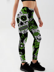 Flower & Skull Print Yoga Leggings Halloween Fitness Workout Pants