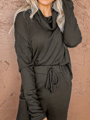 Solid Ribbed Turtleneck Top & Wide Leg Pants Set