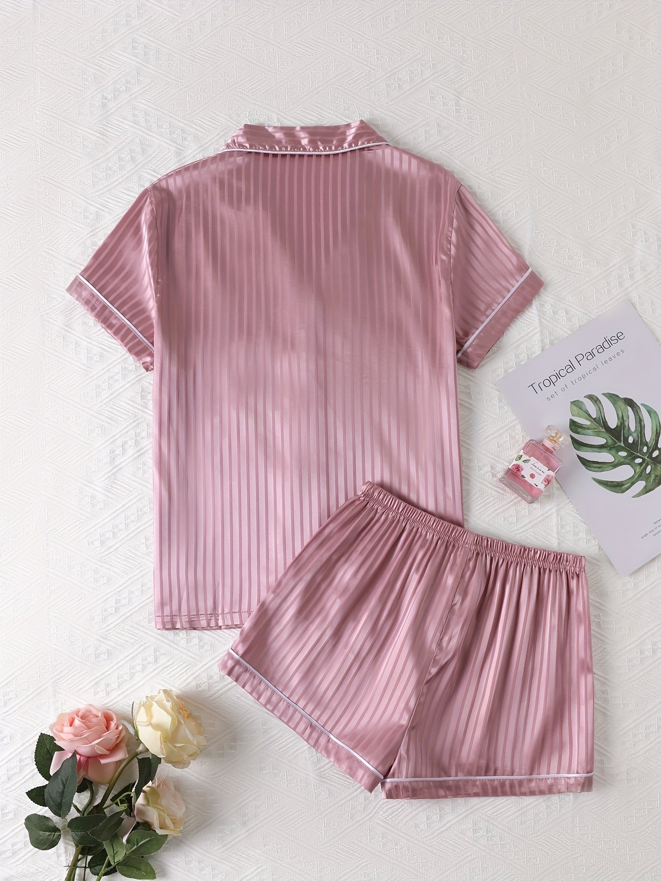 Striped Satin Pajamas Set Short Sleeve Buttons Top & Shorts