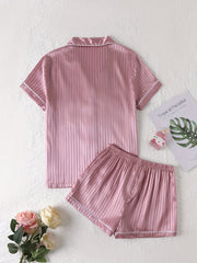 Striped Satin Pajamas Set Short Sleeve Buttons Top & Shorts
