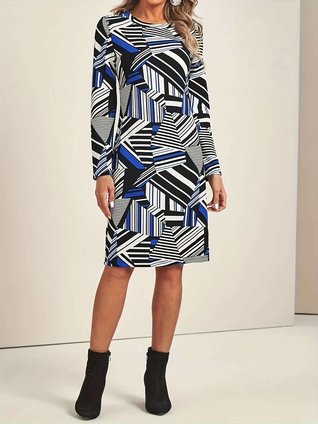 Geometric Print Long Sleeve Tee Dress