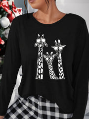 Giraffes Print Lounge Tops Long Sleeve Crew Neck Top