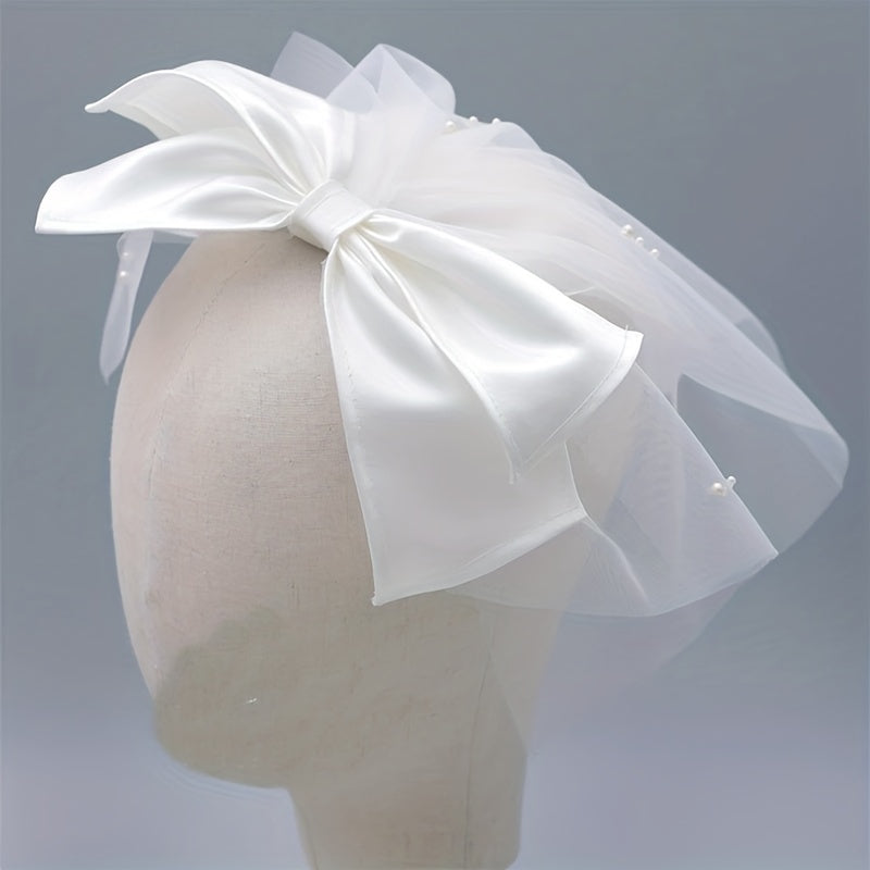 Short Bridal Head Veil with Comb & Bow - Wedding Accessory