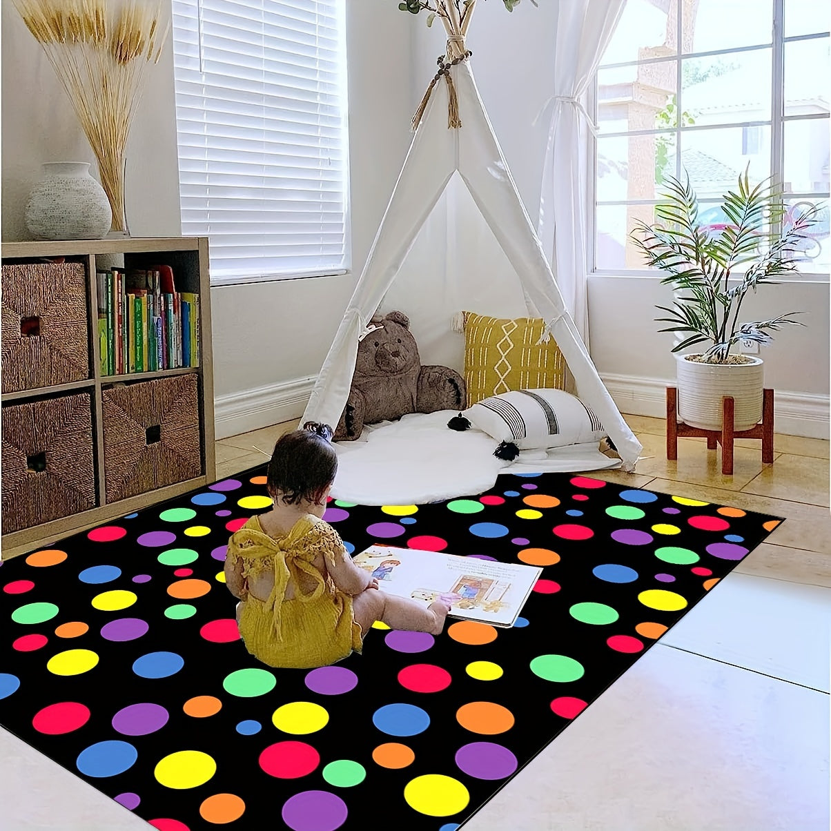Colorful Rainbow Polka Dot Area Rug for Classroom or Kids' Room