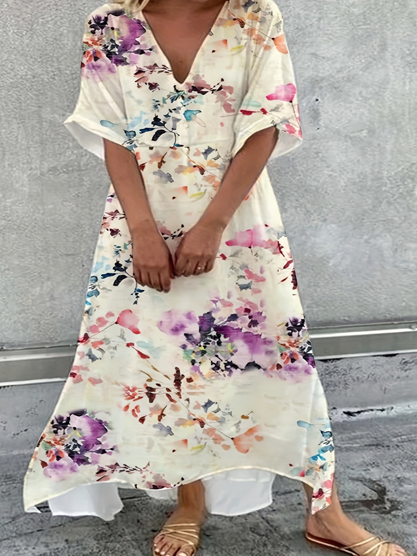 Women's Floral Print V Neck Dress Short Sleeve Casual Stretch