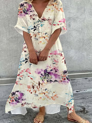 Women's Floral Print V Neck Dress Short Sleeve Casual Stretch