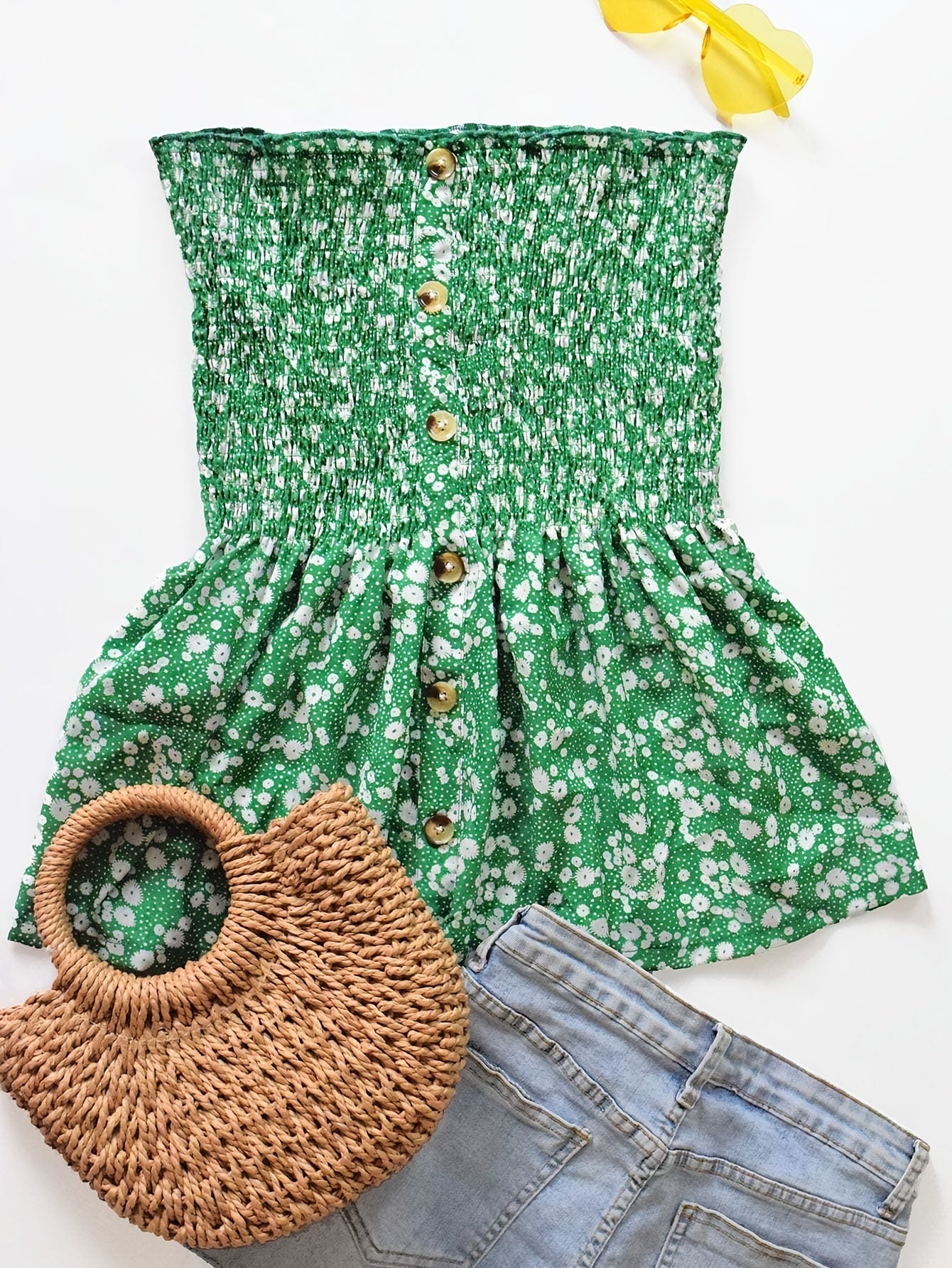 Floral Print Tube Top Ruffle Trim Off Shoulder Shirred Top