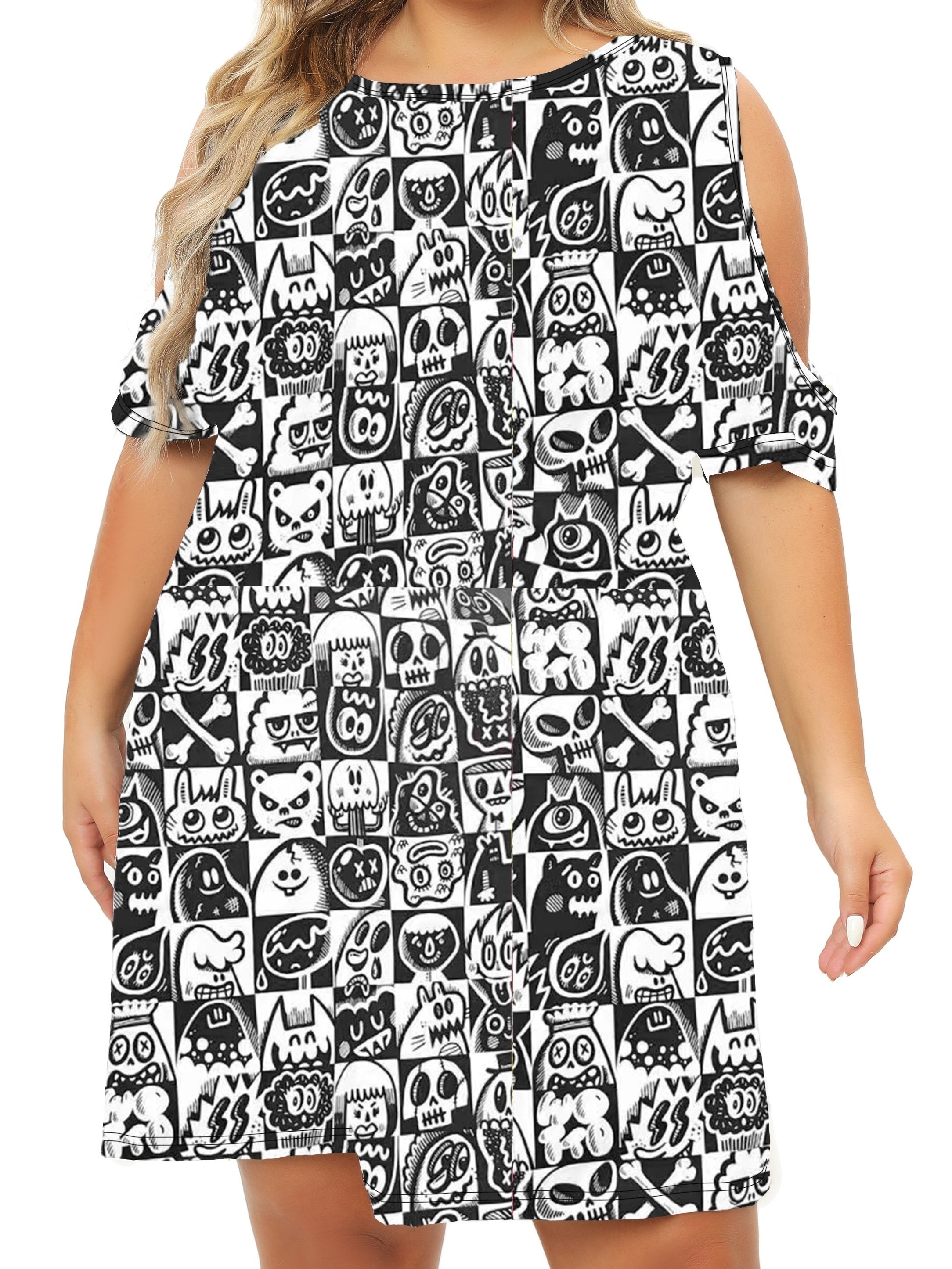 Cartoon Print Cold Shoulder Tee Sleep Dress