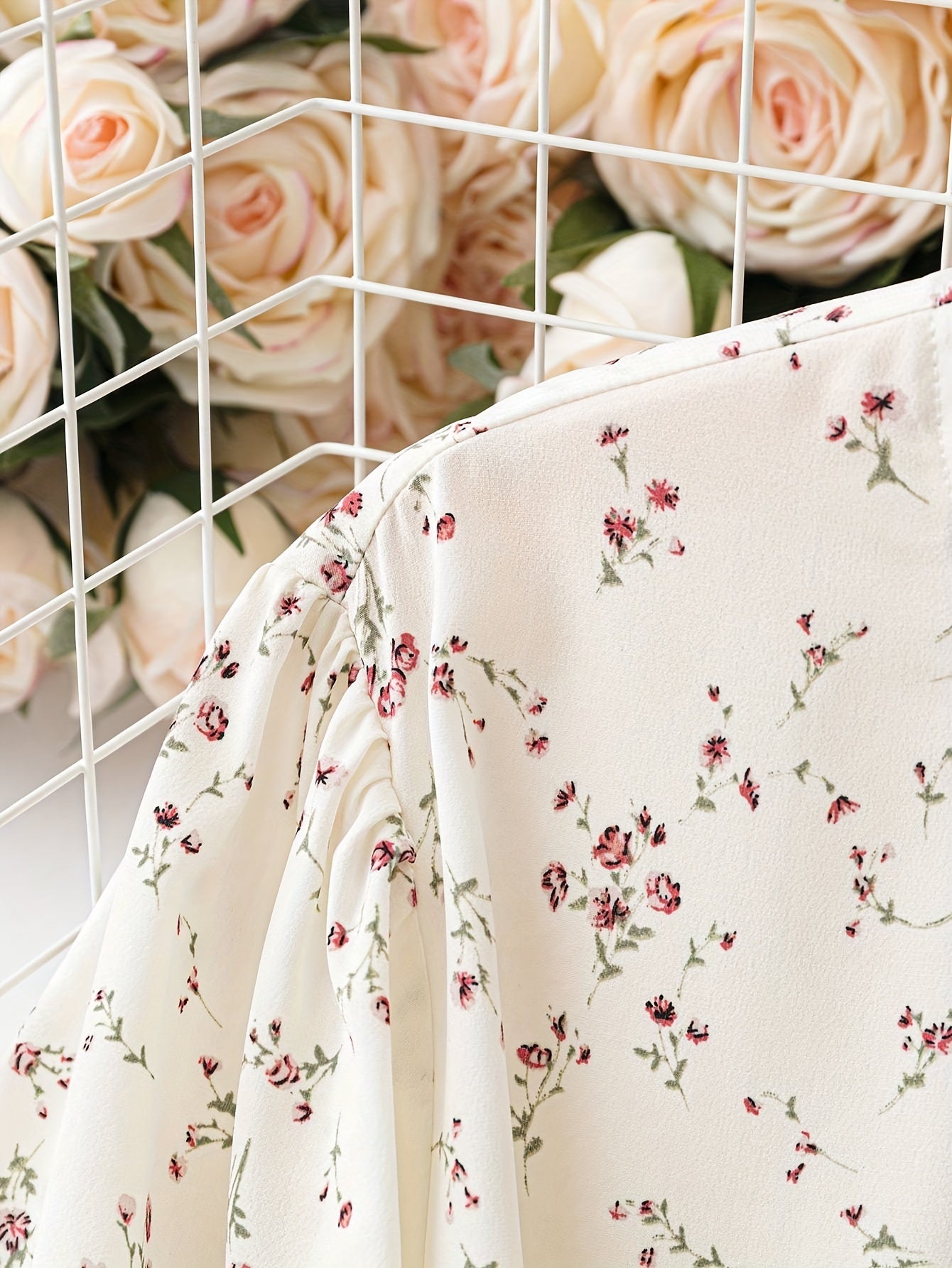 Boho Blouse Floral Ruffle Trim Tie Front Mock Neck Top