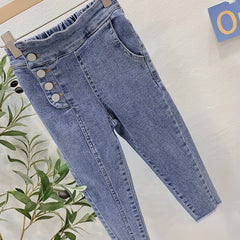 Kids Casual Tapered Jeans Elastic High Waist Slim Fit Denim Trousers