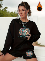 Women's Plus Pumpkin Sweatshirt & Shorts Halloween Set