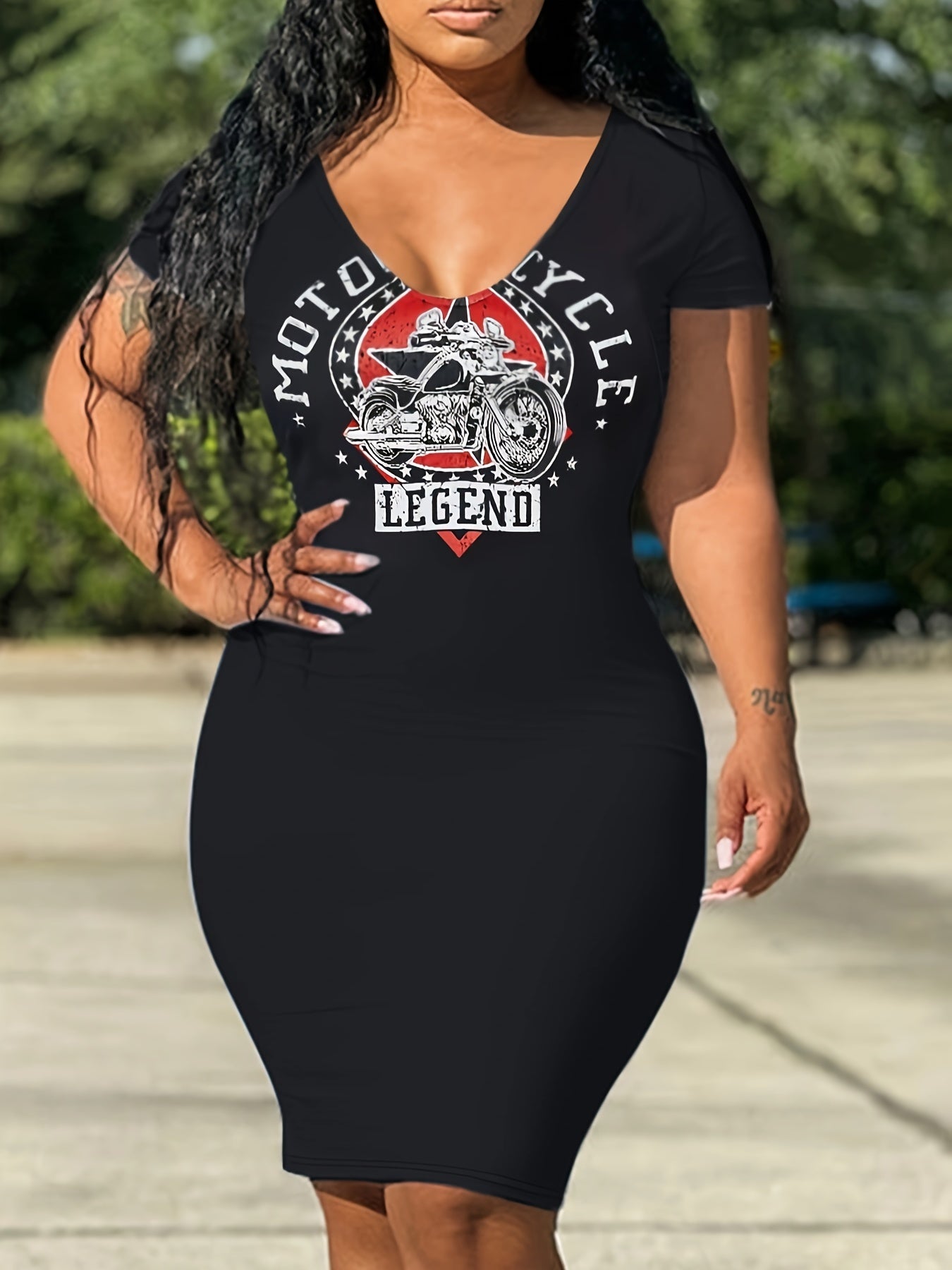 Women's Plus Graphic Print V Neck Slim Fit Dress
