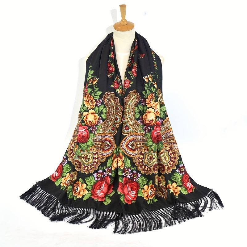 Flower Print Tassel Scarf Vintage Windproof Shawl Women