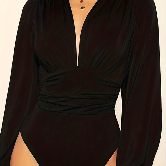 Ruffled V Neck Long Sleeve Bodysuit Women's Clothing