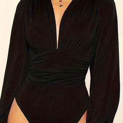 Ruffled V Neck Long Sleeve Bodysuit Women's Clothing