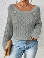 Textured Button Casual Sweater Long Sleeve Crew Neck Knit Jumper