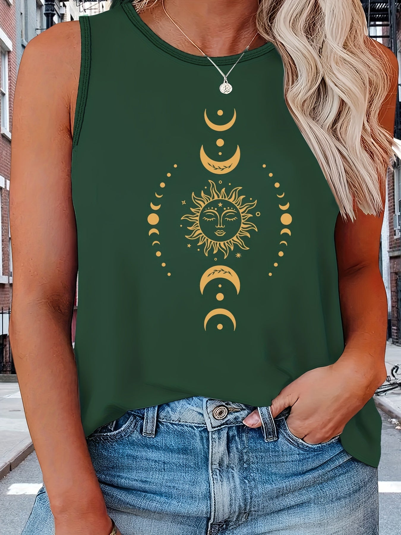 Women's Plus Moon & Sun Print Round Neck Tank Top