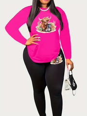 Women's Plus Cow & Cactus Print Top & Leggings Set