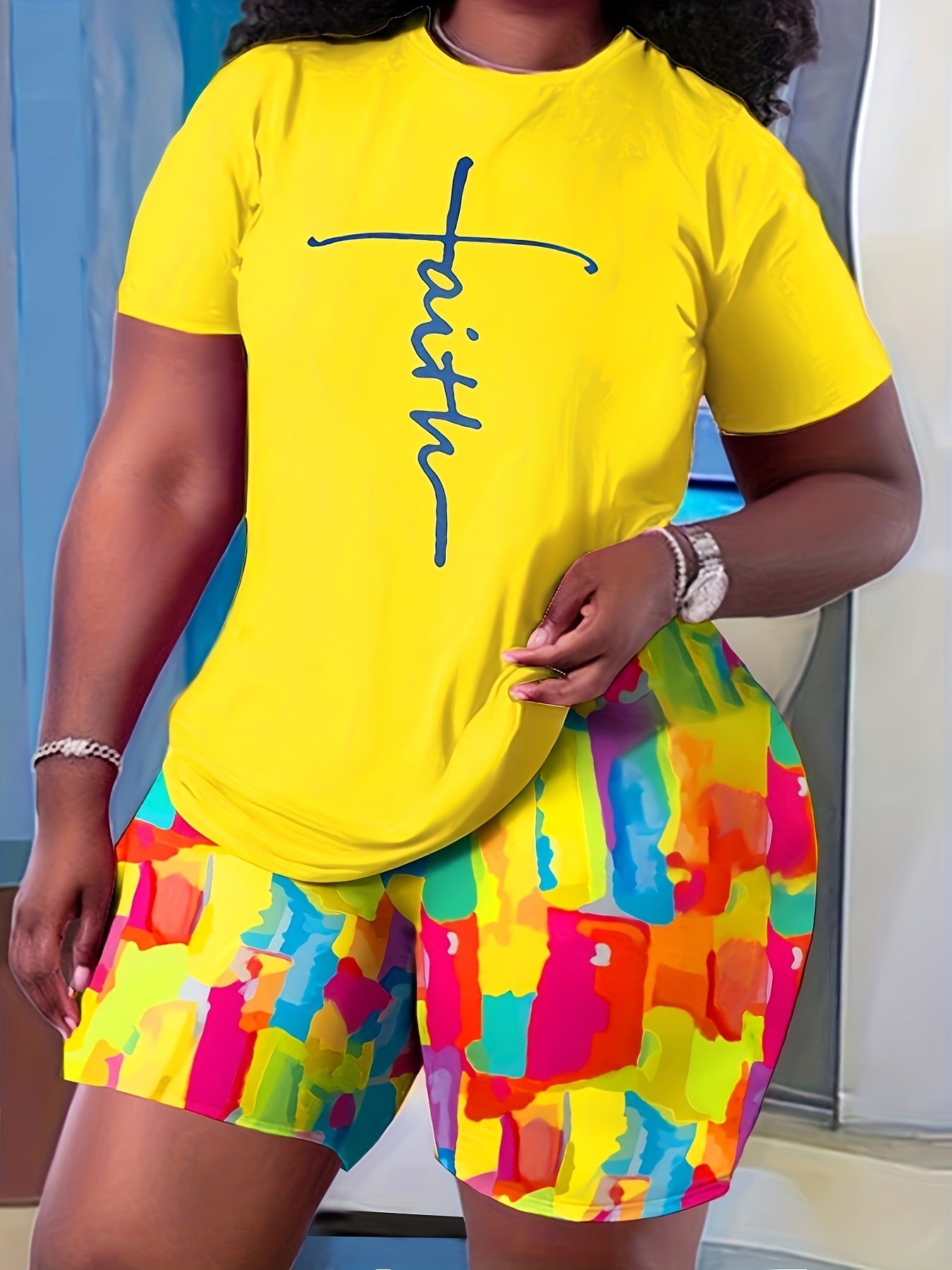 Women's Plus Cross Letter Print Tee & Tie Dye Shorts Set