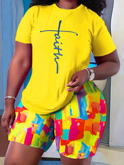 Women's Plus Cross Letter Print Tee & Tie Dye Shorts Set
