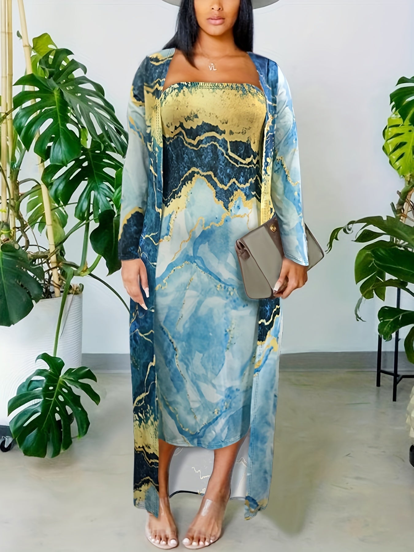 Women's Plus Tie Dye Tube Dress and Long Sleeve Coat Set