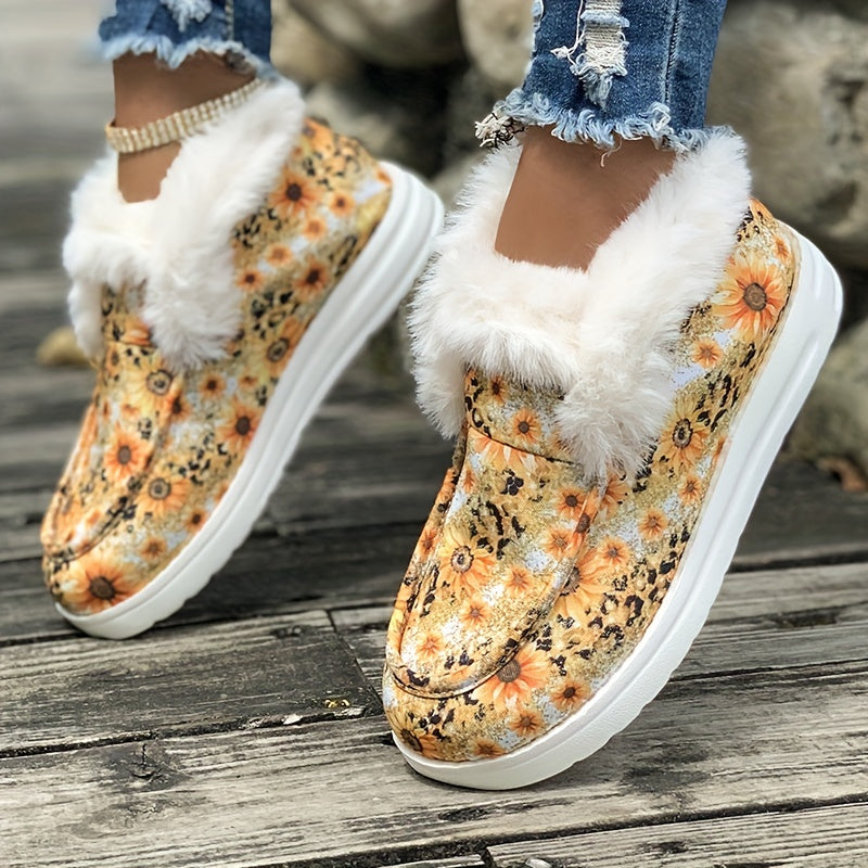 Sunflower & Leopard Print Plush Lined Furry Boat Shoes