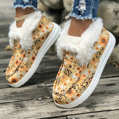 Sunflower & Leopard Print Plush Lined Furry Boat Shoes