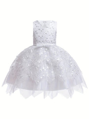 Girl's Sleeveless Beaded Embroidery Puffy Dress