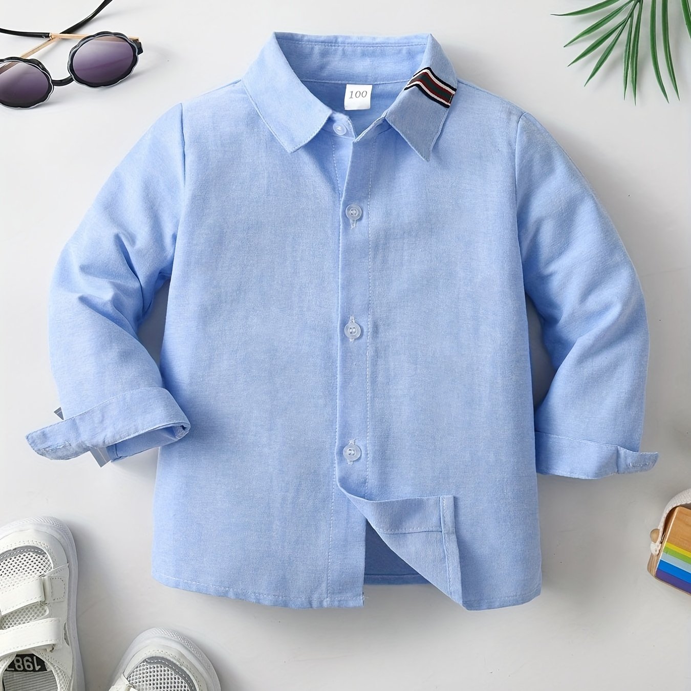 Boys Solid Long Sleeve Button Down Lapel Shirt