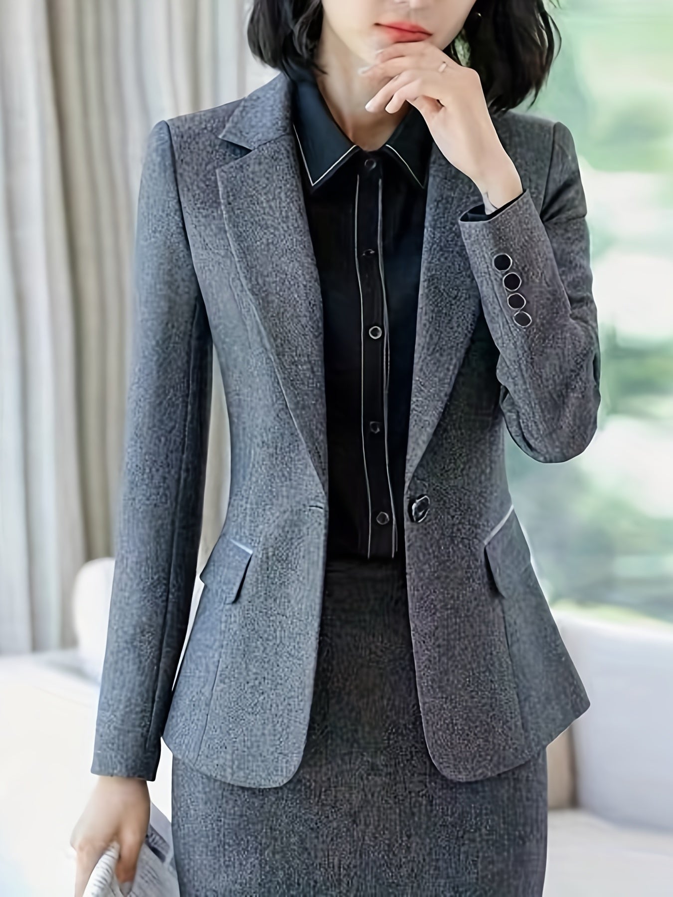 Solid Button Front Blazer Lapel Long Sleeve Blazer For Office & Work