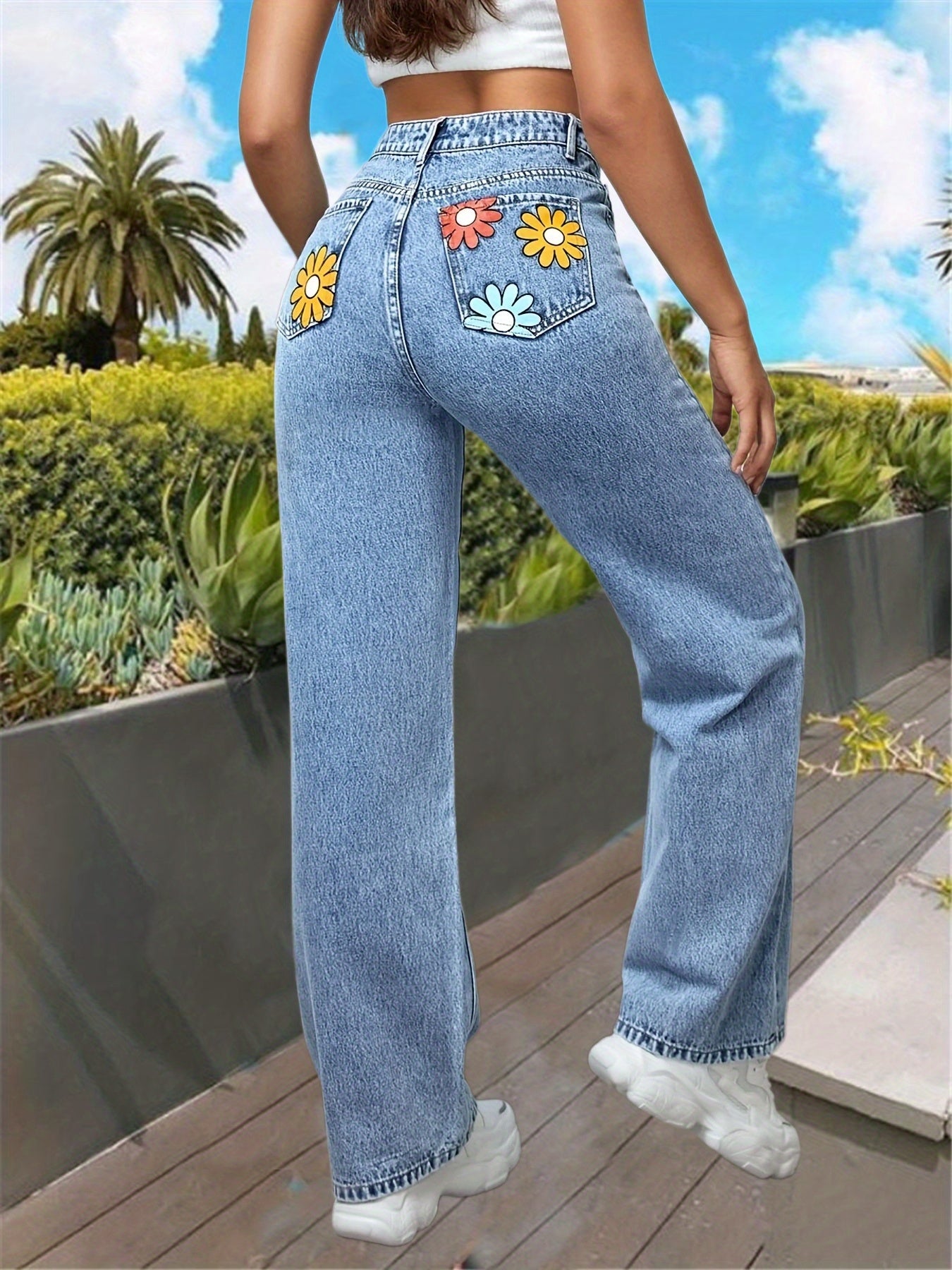 Floral Print High Waist Straight Jeans