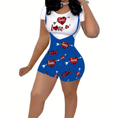 Plaid Heart Print Two piece Set Short Sleeve T shirt & Overall Romper Outfits