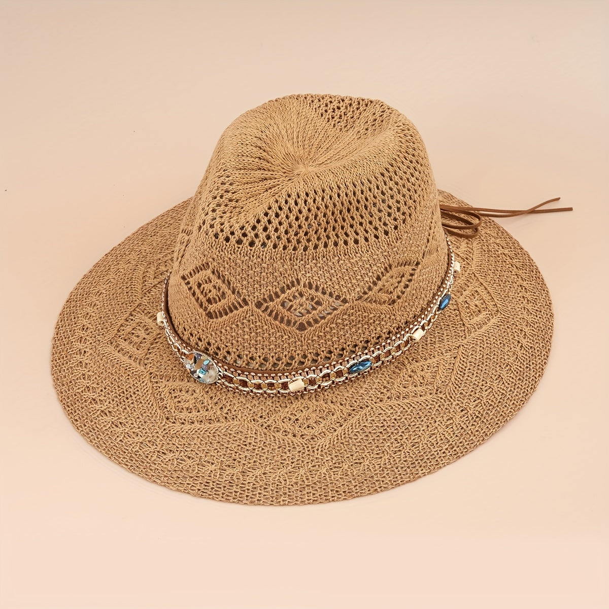 Boho Belt Decor Geometric Crochet Fedora Cap Breathable Summer Beach Hat