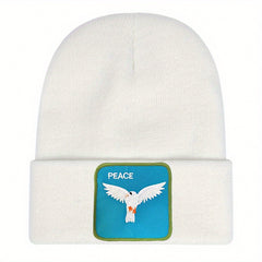 Peace Bird Embroidery Patch Beanie Solid Knit Hat Lightweight Skull Cap
