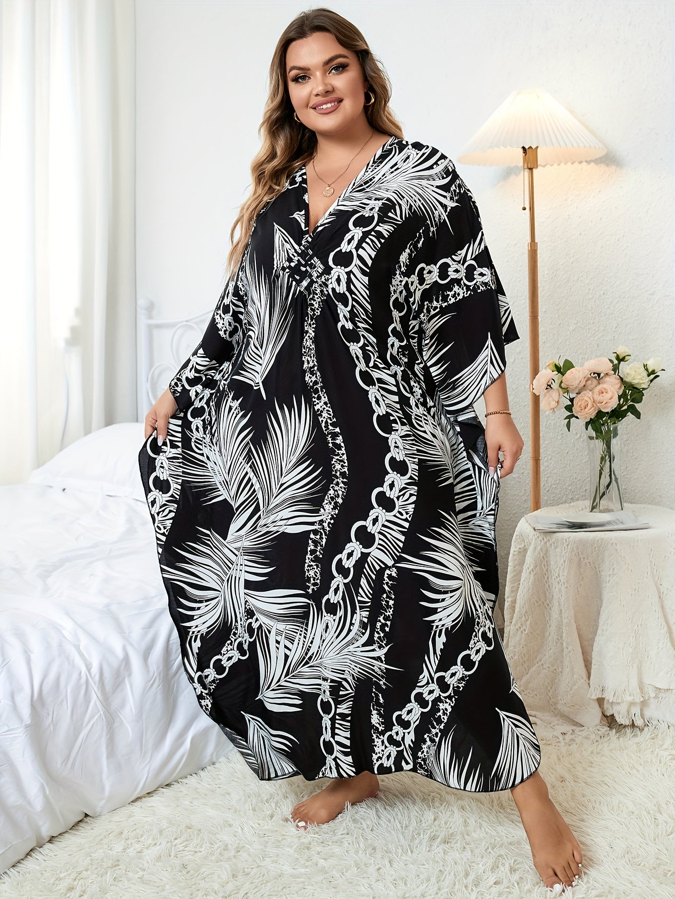 Boho Cover Up Women's Plus Chain & Tropical Print Batwing Sleeve V Nec