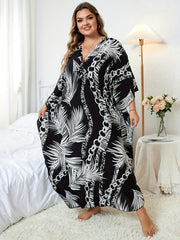 Boho Cover Up Women's Plus Chain & Tropical Print Batwing Sleeve V Nec