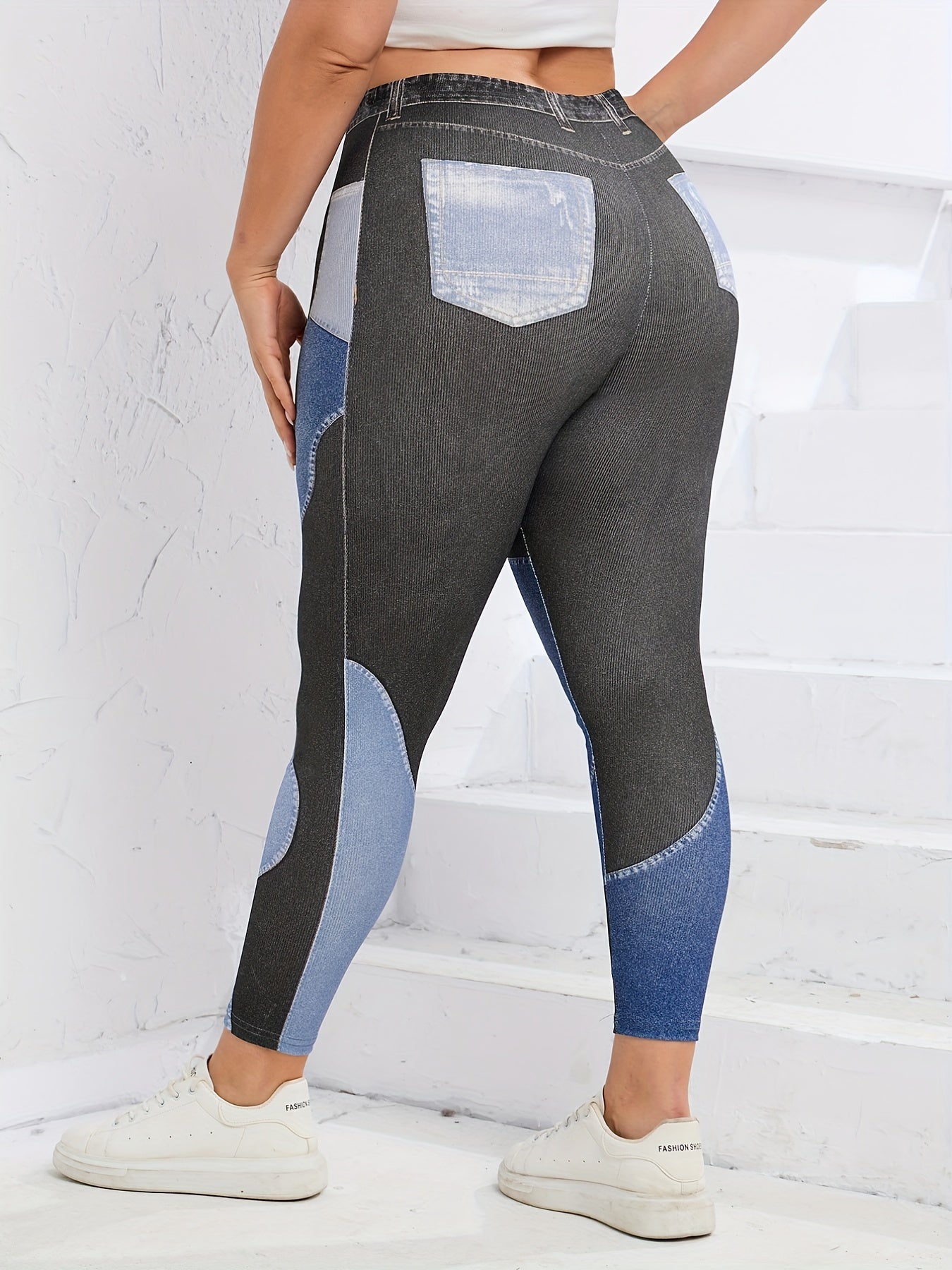 Denim Print Colorblock High Rise Leggings Plus Size Women Jeggings