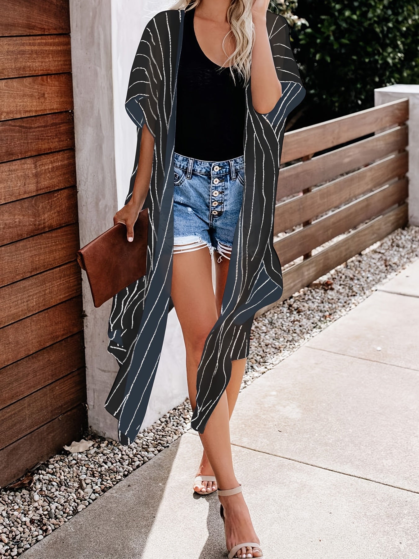 Stripes Print Chiffon Cardigan Cover Up Soft 3 4 Sleeve