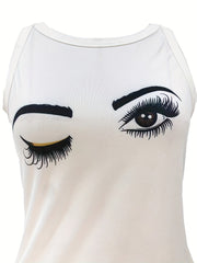 Eye & Eyelash Print Neck Tank Top Women's Sleeveless Top