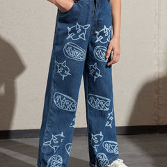 Girls Smiley Face Graphic Denim Wide Leg Pants