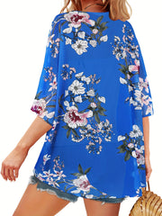 Floral Pattern Cover Up Shirt V Neck Half Sleeves Beachwear Cardigan