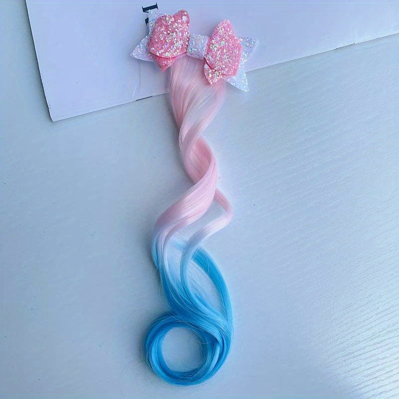 Girls' Curly Gradient Wig Hair Clip with Sequin Bow Decoration