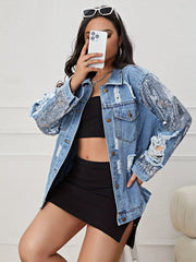 Sequin Long Sleeve Oversized Denim Jackets Flap Pocket Loose Fit