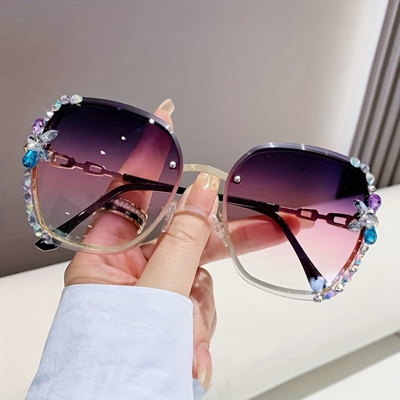 Rhinestone Rimless Sunglasses UV400 Gradient Glasses