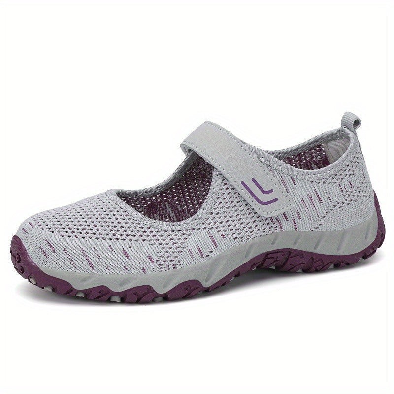 Women's Breathable Knit Sneakers Casual Hook & Loop Strap Shoes Grey & Purple