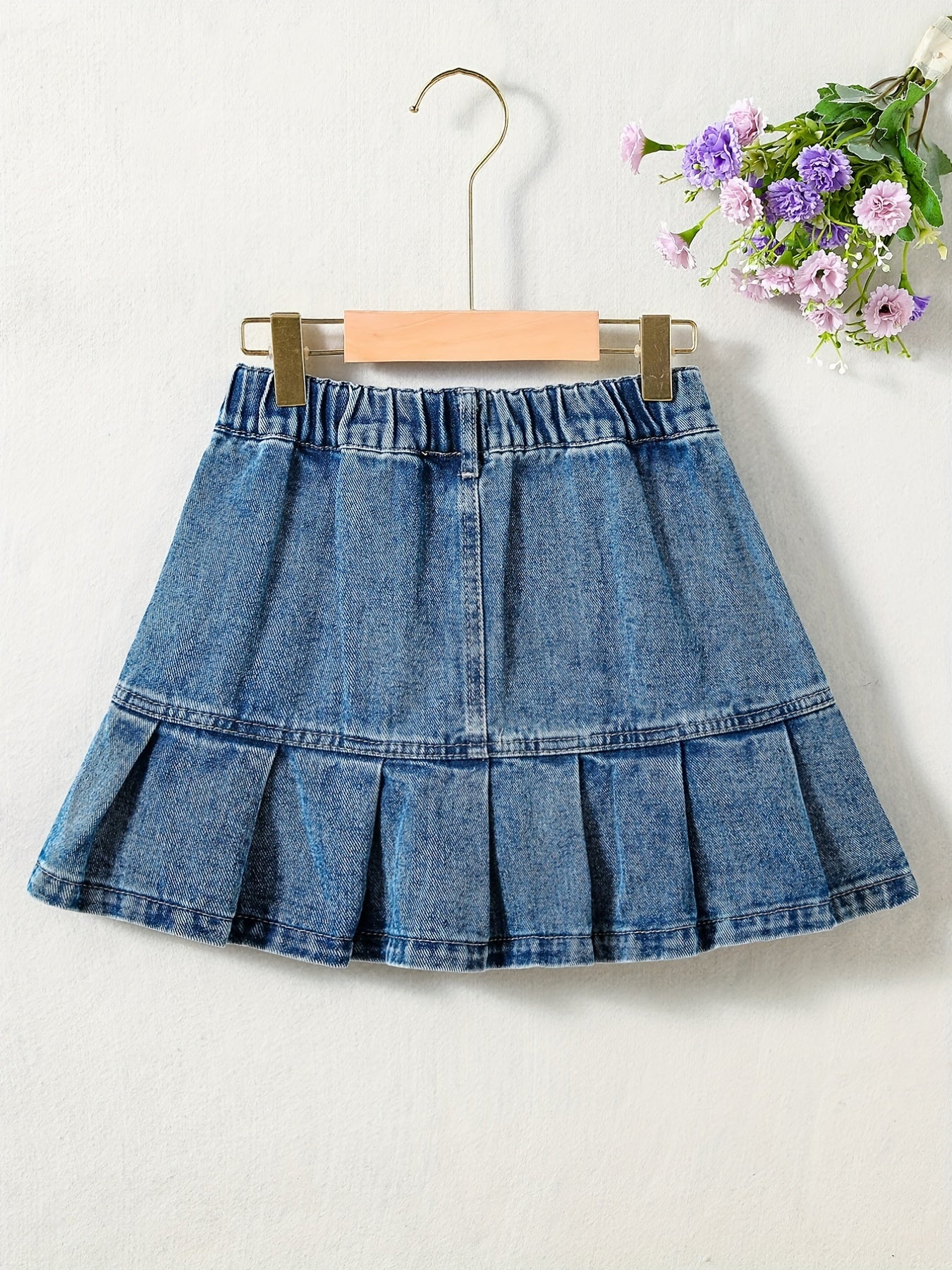 Girls Denim Mini Skirt with Elastic Waist & Pockets - Summer A-line Pleated
